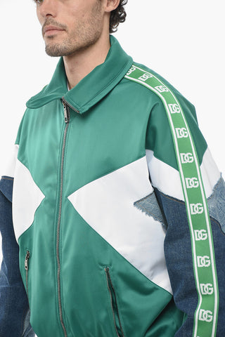 Two-tone Bomber Jacket with Denim Sleeves and Logoed Bands