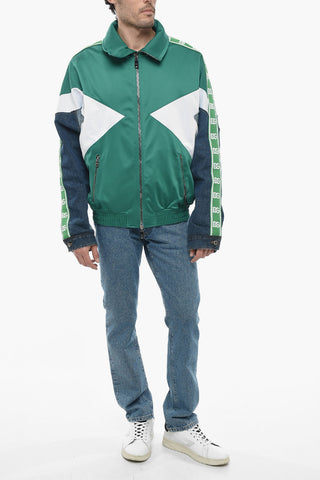 Two-tone Bomber Jacket with Denim Sleeves and Logoed Bands