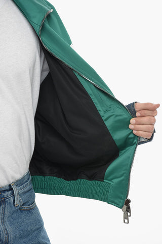 Two-tone Bomber Jacket with Denim Sleeves and Logoed Bands