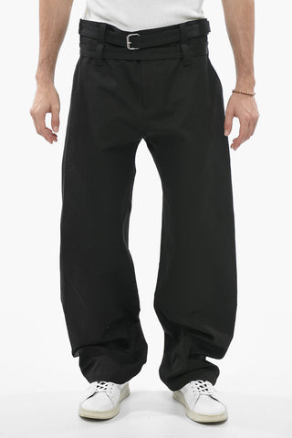 Pantaloni in Twill a Gamba Ampia con Cintura a Doppio Strato