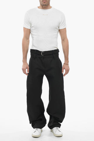 Pantaloni in Twill a Gamba Ampia con Cintura a Doppio Strato