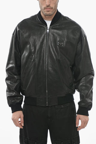 Giubbotto Bomber in Pelle Martellata con Zip Frontale