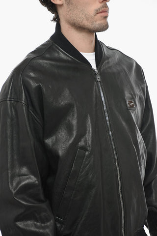 Giubbotto Bomber in Pelle Martellata con Zip Frontale