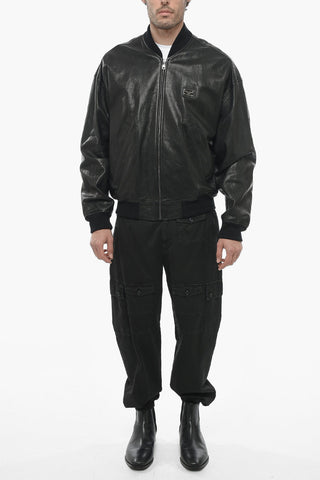Giubbotto Bomber in Pelle Martellata con Zip Frontale