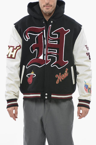Wool Blend Embroidered Bomber Jacket with Leather Sleeves