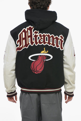 Wool Blend Embroidered Bomber Jacket with Leather Sleeves