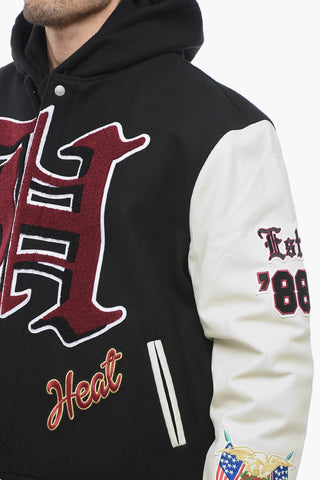 Wool Blend Embroidered Bomber Jacket with Leather Sleeves
