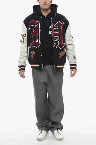 Wool Blend Embroidered Bomber Jacket with Leather Sleeves