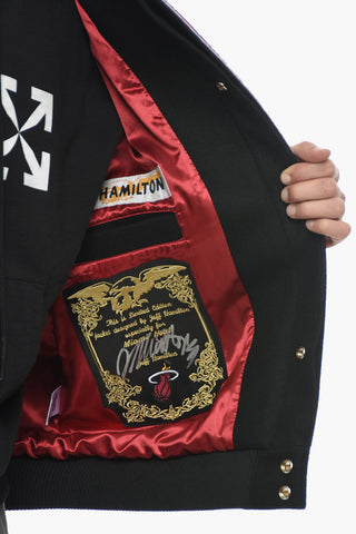 Wool Blend Embroidered Bomber Jacket with Leather Sleeves