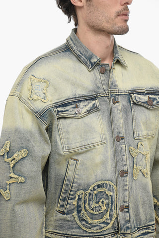 Giubbotto in Denim Hippie Washed con Applicazioni