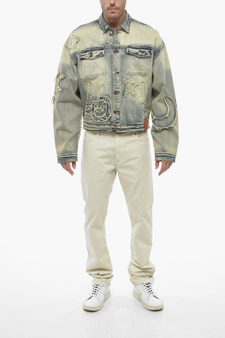 Giubbotto in Denim Hippie Washed con Applicazioni