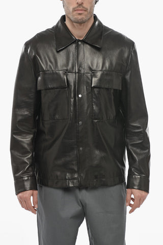 Utility Pockets Lined Leather Overshirt