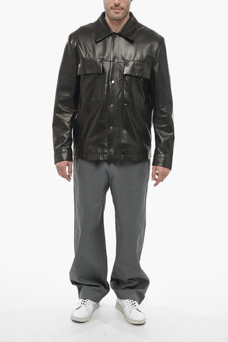 Utility Pockets Lined Leather Overshirt