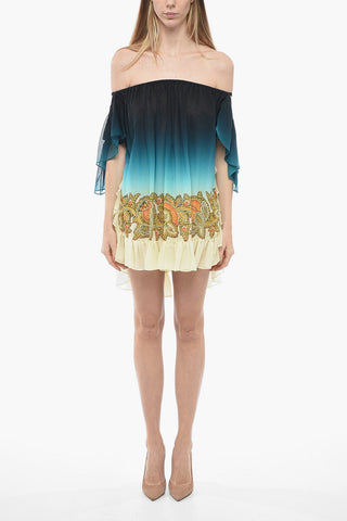 Silk Drop-shoulder Minidress with Degradè Pattern