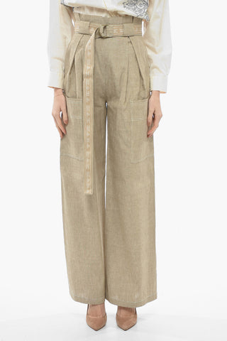 Linen Blend SLOGAN Pants with Gathers