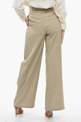 Linen Blend SLOGAN Pants with Gathers