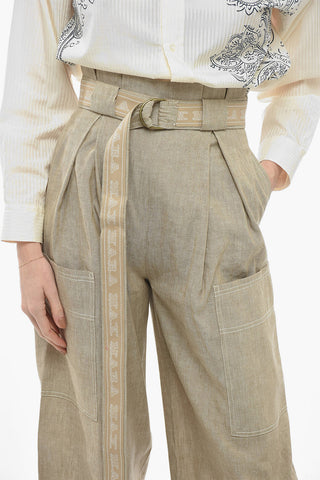 Linen Blend SLOGAN Pants with Gathers