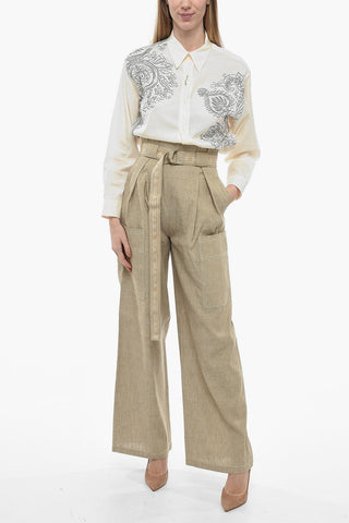 Linen Blend SLOGAN Pants with Gathers