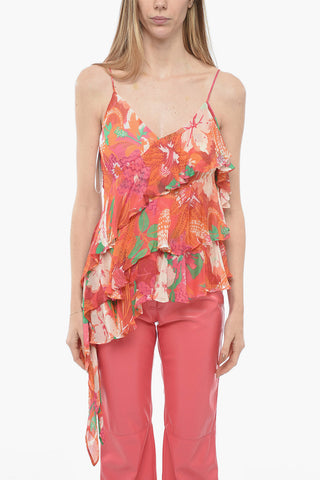 Asymmetric Flounched Chiffon Slip Top with Floral Motif