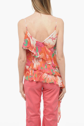 Asymmetric Flounched Chiffon Slip Top with Floral Motif