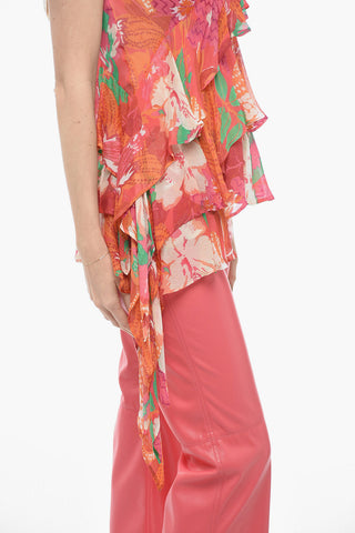 Asymmetric Flounched Chiffon Slip Top with Floral Motif