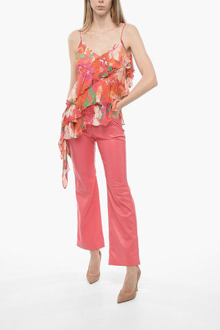 Asymmetric Flounched Chiffon Slip Top with Floral Motif