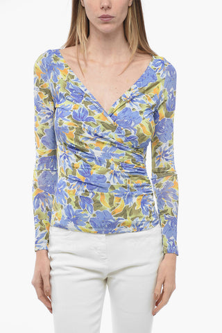 Stretch Viscose Wrap Top with Floral Motif