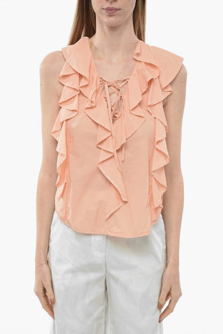 Ruffled Sleeve Cotton Blouse with Lace-up Detail