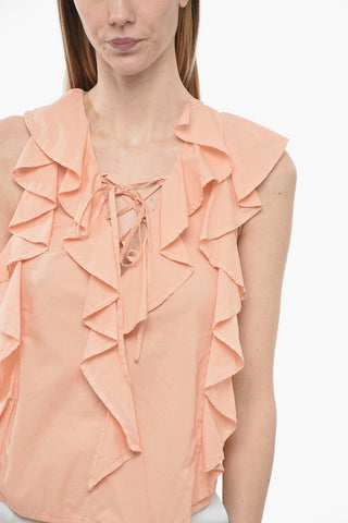 Blusa in Cotone con Maniche Ruffle e Dettaglio Lace-up