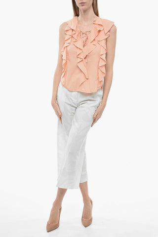 Blusa in Cotone con Maniche Ruffle e Dettaglio Lace-up