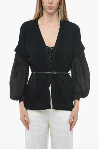 Sequined Cardigan with Gauze Sleeves