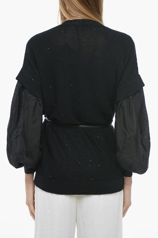 Sequined Cardigan with Gauze Sleeves