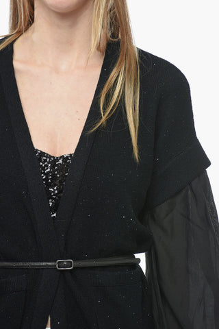 Sequined Cardigan with Gauze Sleeves