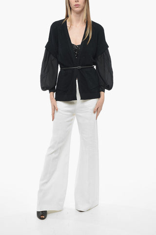 Sequined Cardigan with Gauze Sleeves