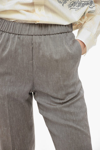 Pantaloni in Misto Lino Bird's Eye con Elastico in Vita