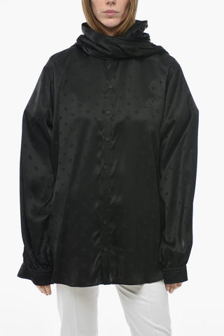 GARDE-ROBE Tie Neck Jacquard Viscose Shirt with Hood