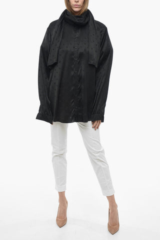 GARDE-ROBE Tie Neck Jacquard Viscose Shirt with Hood