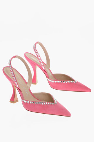 Suede Leather sandals With Rhinestones details 10 cm