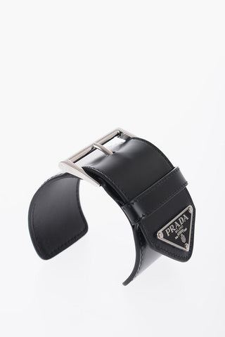 Leather Open Bangle Bracelet with Silver-Tone Buckle