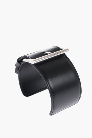 Leather Open Bangle Bracelet with Silver-Tone Buckle