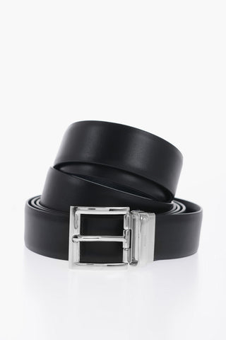 Reversible Leather Belt with Silver-Tone Buckle 35mm