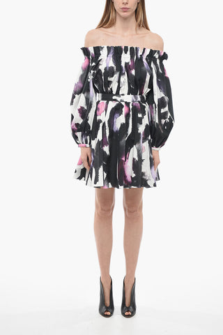 Watercolor Printed Dress with Bateau Neck