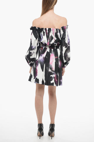 Watercolor Printed Dress with Bateau Neck