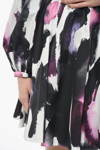Watercolor Printed Dress with Bateau Neck