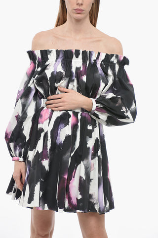 Watercolor Printed Dress with Bateau Neck