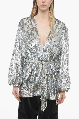 Wrap Dress with All-Over Leaf Sequins