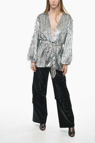 Wrap Dress with All-Over Leaf Sequins