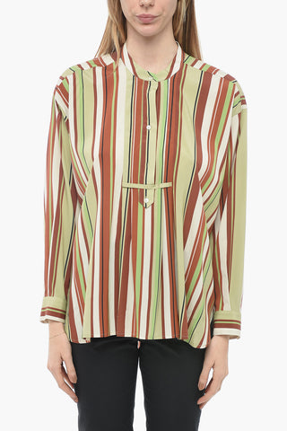 Bayadere Patterned Silk Blend Blouse with Mandarin Collar