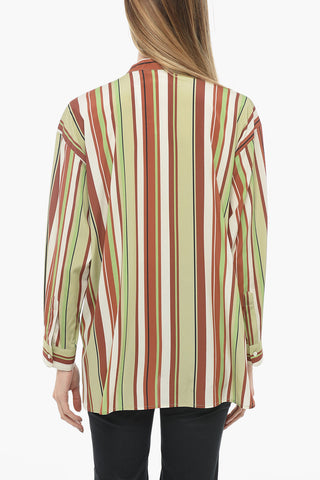 Bayadere Patterned Silk Blend Blouse with Mandarin Collar