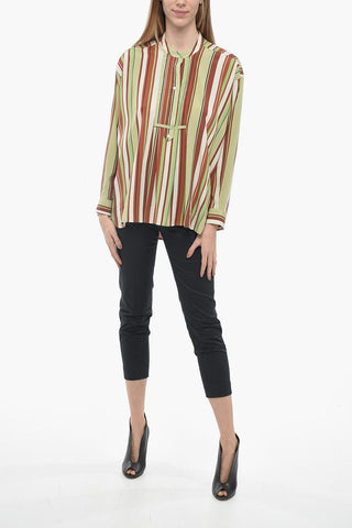 Bayadere Patterned Silk Blend Blouse with Mandarin Collar